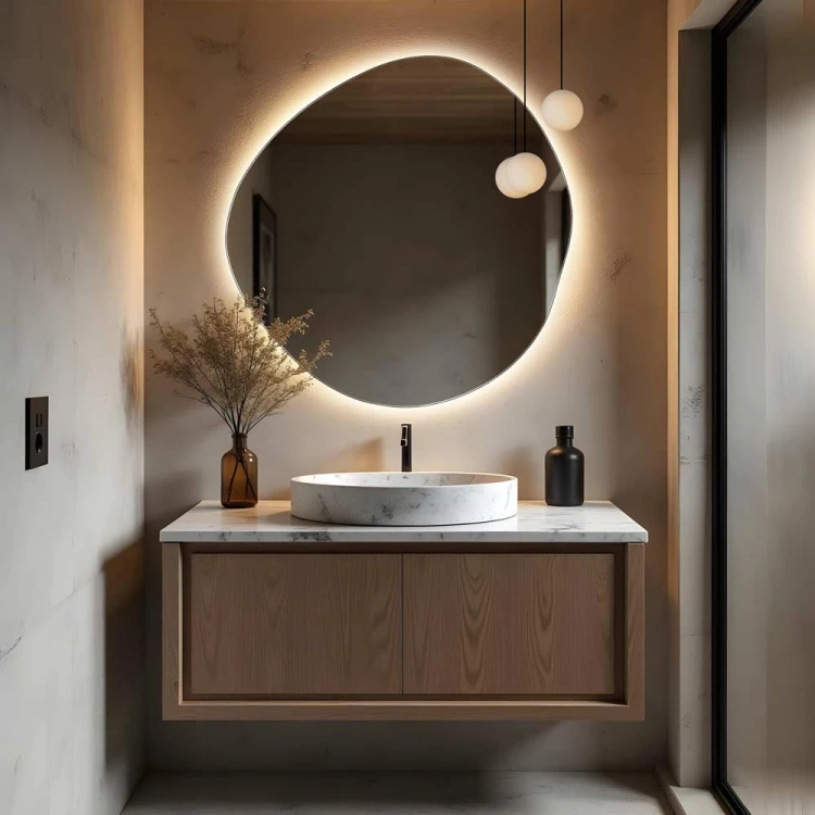 Lustro nieregularne łazienkowe z podświetleniem LED, Lapis w nastrojowej beżowej łazience. GieraDesign