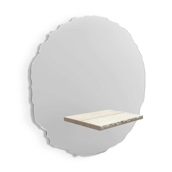 Ozdobne lustro Era okrągłe z półką wykonaną z naturalnego kamienia na białym tle. GieraDesign