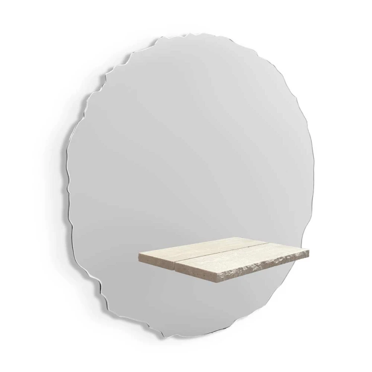 Ozdobne lustro Era okrągłe z półką wykonaną z naturalnego kamienia na białym tle. GieraDesign