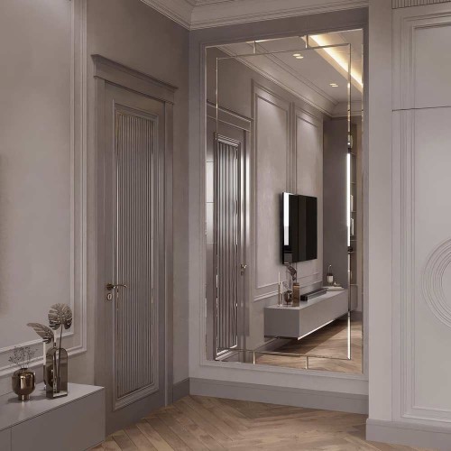 Duże lustro dekoracyjne z fazowaną ramą Adena, w sypialni glamour. GieraDesign