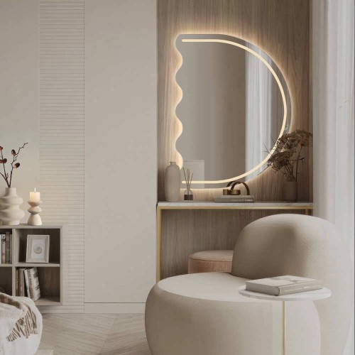 Półokrągłe lustro Lomi z LED frontalnym do makijażu nad konsolą w salonie, GieraDesign.