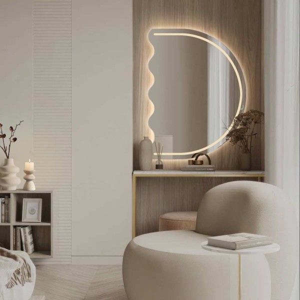 Półokrągłe lustro Lomi z LED frontalnym do makijażu nad konsolą w salonie, GieraDesign.