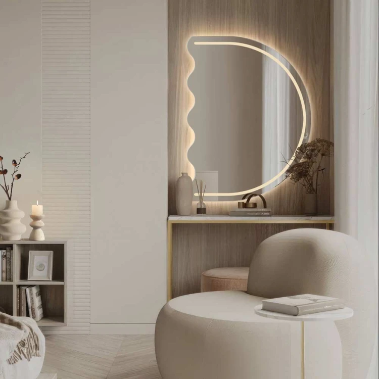 Półokrągłe lustro Lomi z LED frontalnym do makijażu nad konsolą w salonie, GieraDesign.