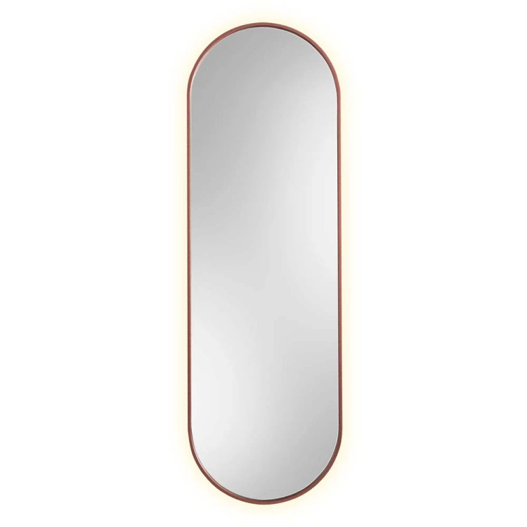 Lustro Ambient Slim LED w cienkiej miedzianej ramce korytarzowe, na białym tle. GieraDesign