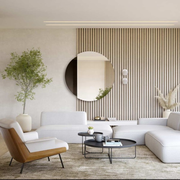 Lustro Eclipse czarne okrągłe do salonu w nowoczesnym salonie. Zawieszone na lamelach GieraDesign