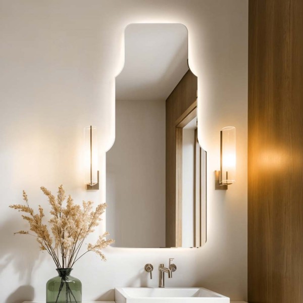 Lustro Cascada podświetlane led w łazience nad umywalką. GieraDesign