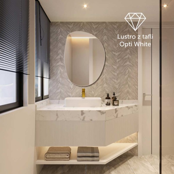 Lustro o organicznym kształcie Plama no.2 w nowoczesnej łazience. GieraDesign