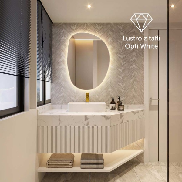 Lustro nieregularny kształt Plama no.2 z podświetleniem LED w nowoczesnej łazience z marmurem. GieraDesign