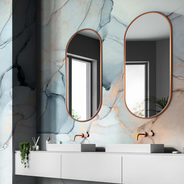 Lustro Ambient Slim miedziana rama dwa owalne lustra łazienkowe w nowoczesnej łazience. GieraDesign