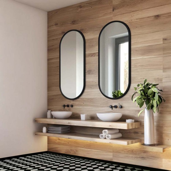 Dwa lustra Ambient czarne owalne łazienkowe w nowoczesnej łazience. GieraDesign
