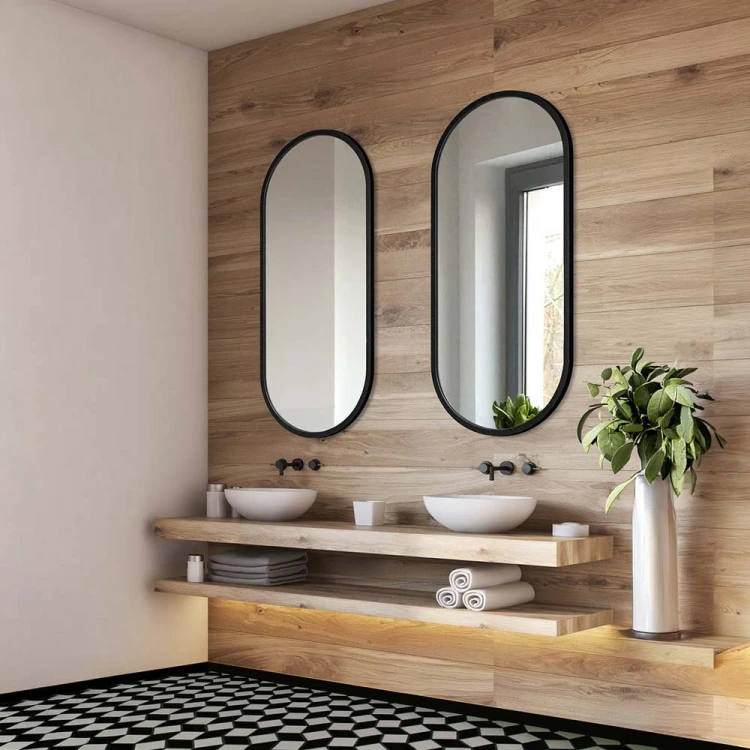 Dwa lustra Ambient czarne owalne łazienkowe w nowoczesnej łazience. GieraDesign