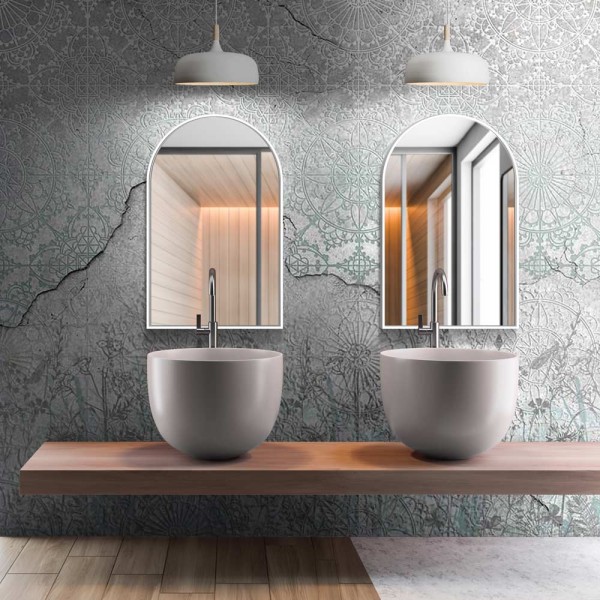 Dwa lustra Portal białe nad umywalkami w nowoczesnej łazience, GieraDesign