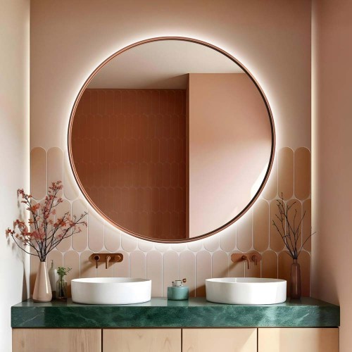 Lustro Scandi slim miedziane LED nad dwoma umywalkami w łazience, GieraDesign.