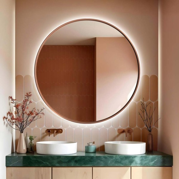 Lustro Scandi slim miedziane LED nad dwoma umywalkami w łazience, GieraDesign.