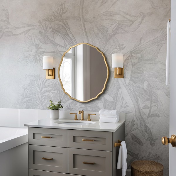 Stylowane lustro Grand Vila w złotej falowanej ramie zawieszone na tle jasnej wzorzystej tapety nad umywalka w łazience.