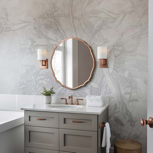 Lustro Grand Vila do łazienki retro w miedzianej ramie, nad umywalką w stylowej łazience. GieraDesign