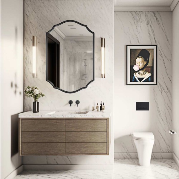 Lustro Grand Amis w czarnej ramie vintage w klasycznej łazience z marmurem. GieraDesign