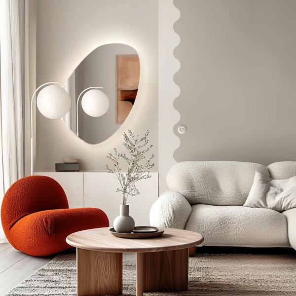 Lustro Eggi LED na ścianie nad jasną komodą w nowoczesnym salonie, GieraDesign.