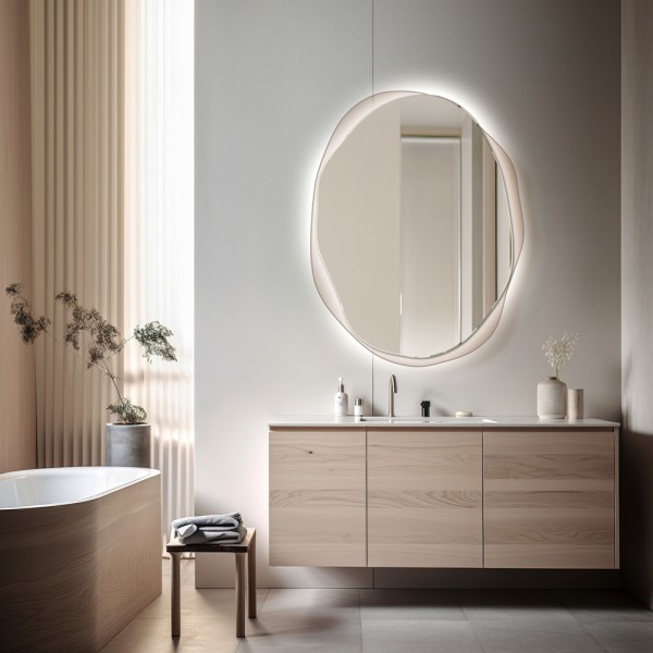 Podświetlane lustro Osmo brązowe led w przytulnej łazience. GieraDesign