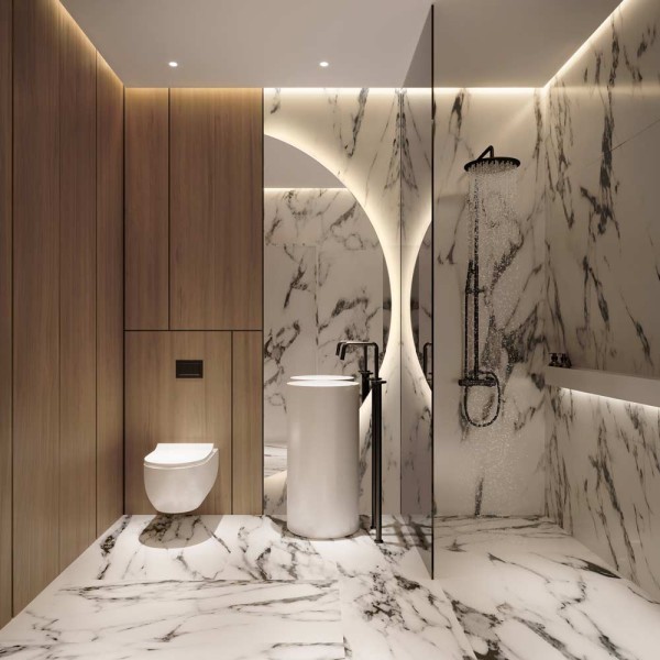 Lustro DiTerti LED - półokrągłe 1/3 koła w marmurowej łazience z brązową ścianą. GieraDesign.