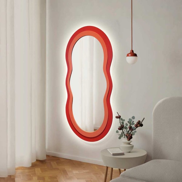 Lustro Pulso Duo LED w czerwonej falowanej ramie, oryginalna dekoracja każdego pomieszczenia, GieraDesign.