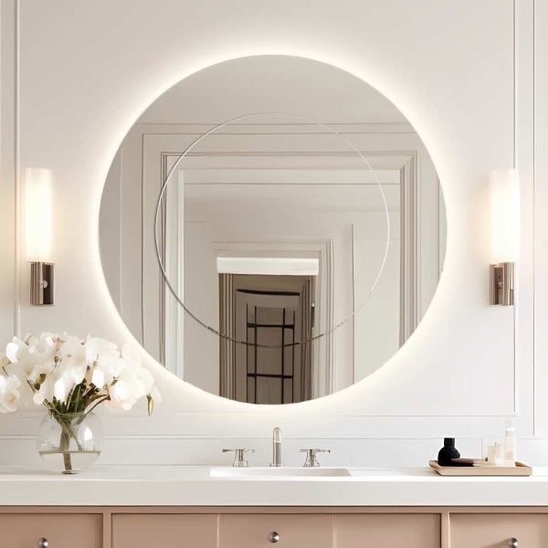 Lustro Modern Line LED okrągłe składające się z dwóch naklejonych na siebie tafli lustra super białego opti white.