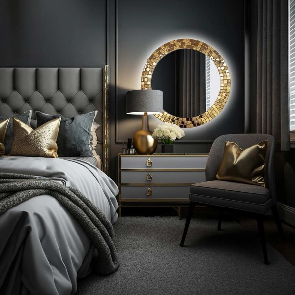 Lustro okrągłe Aurea gold led nad komodą w eleganckiej sypialni. GieraDesign