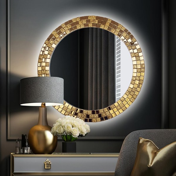 Lustro Aurea gold podświetlane nad komodą w sypialni, GieraDesign.