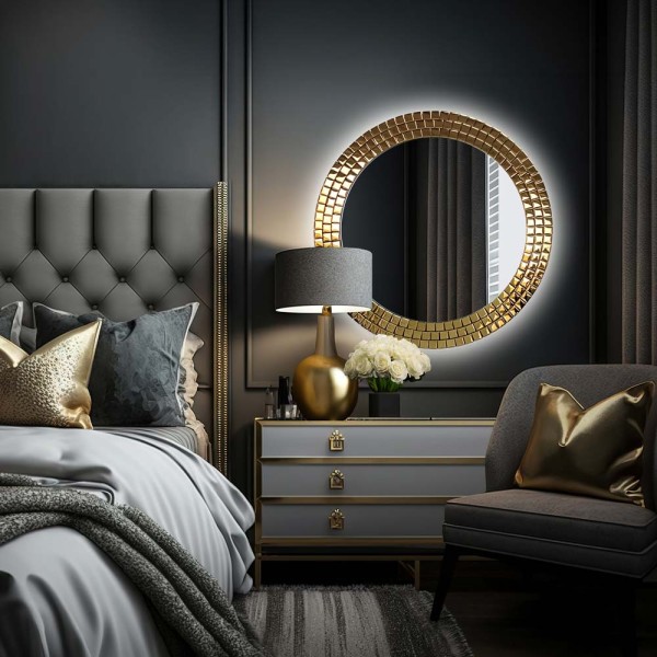 Dekoracyjne okrągłe lustro w złotej ramie podświetlane nad komodą w sypialni w stylu glamour. GieraDesign