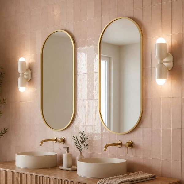 Lustro owalne złote Ambient, w łazience. GieraDesign
