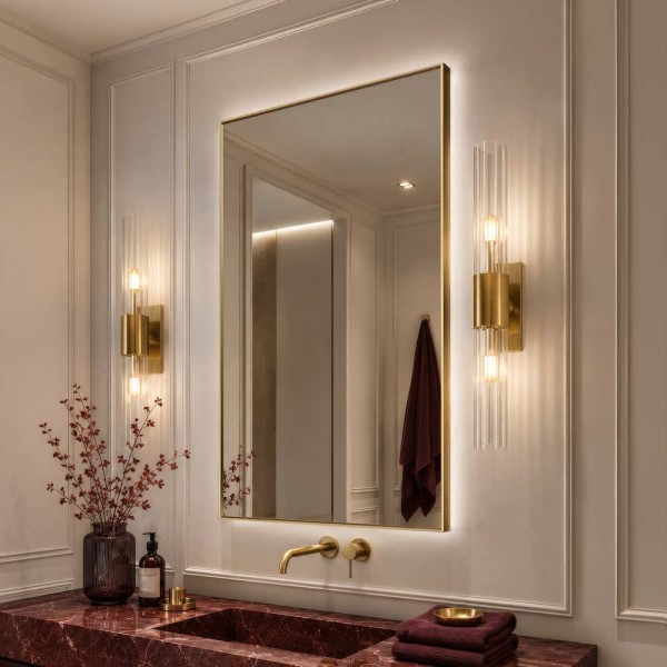 Lustro w złotej mosiężnej ramie Credo Pure LED w luksusowej łazience. GieraDesign