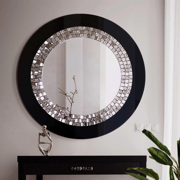 Lustro okrągłe w stylu glamour czarne w stylowym salonie. GieraDesign