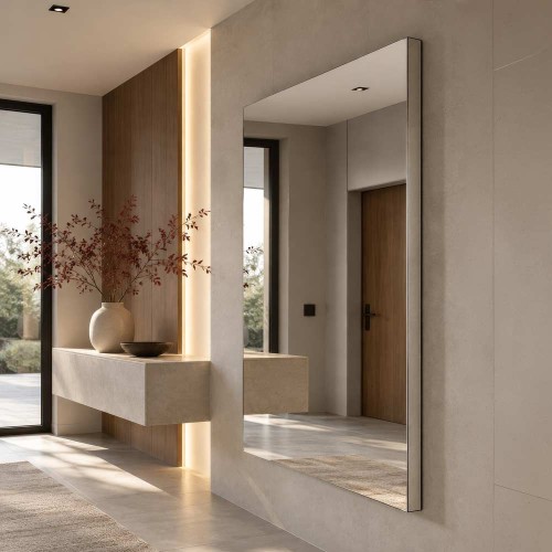 Duże prostokątne lustro "Silver Block" z lustrzanym bokiem w nowoczesnym przedpokoju. GieraDesign