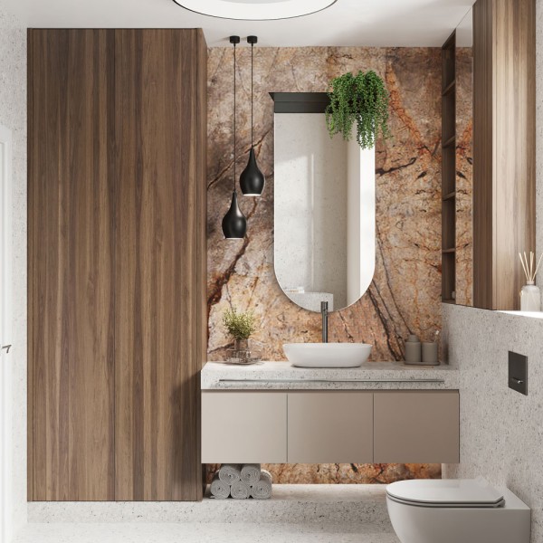 Lustro Vico półowalne z półką w nowoczesnej łazience. GieraDesign