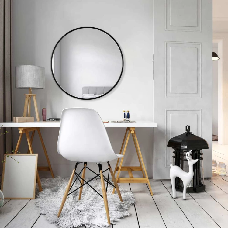 Scandi Slim - okrągłe lustro w bardzo cienkiej czarnej  ramce,  pokój w skandynawskim stylu, GieraDesign