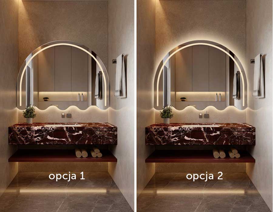 Porównanie dwóch wersji podświetlenia w lustrze Loomi LED, zawieszonym nad umywalką w łazience. | GieraDesign