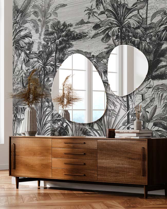 Koompozycja z dwóch obłych luster FLY nad komodą we wnętrzu mid century modern, GieraDesign