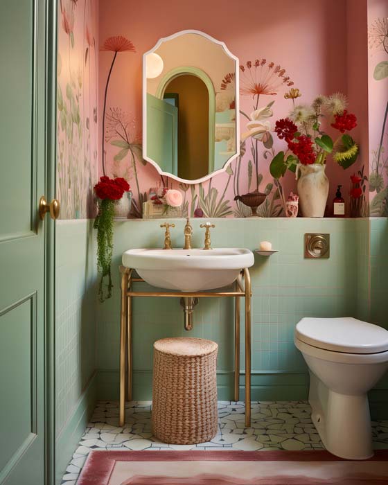 Białe lustro łazienkowe vintage Grand Amis z ozdobną falą w stylu neowiktoriańskim, na różowej ścianie z kwiatami w łazience 