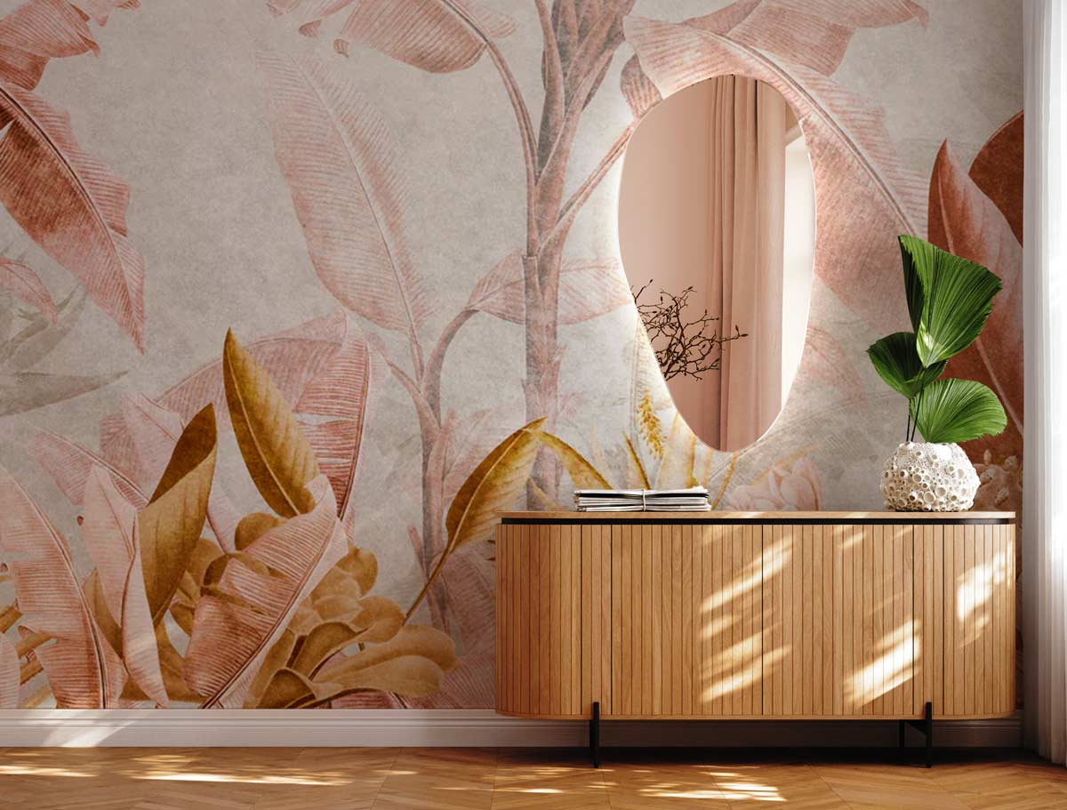 Lustro miedziane Plama no.1 nad komodą w salonie, świetnie komponuje się z kolorystyka wnętrza.
