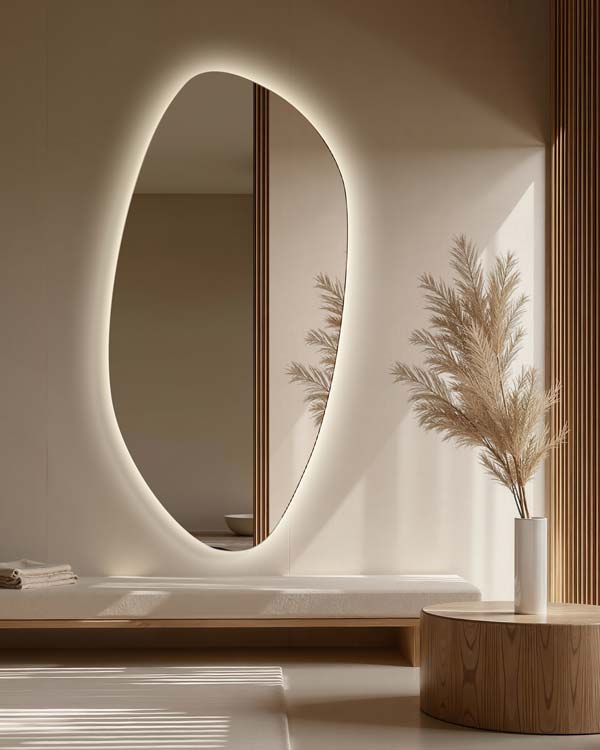 Duże nieregularne lustro Roco Elong z podświetleniem LED w nowoczesnym przedpokoju