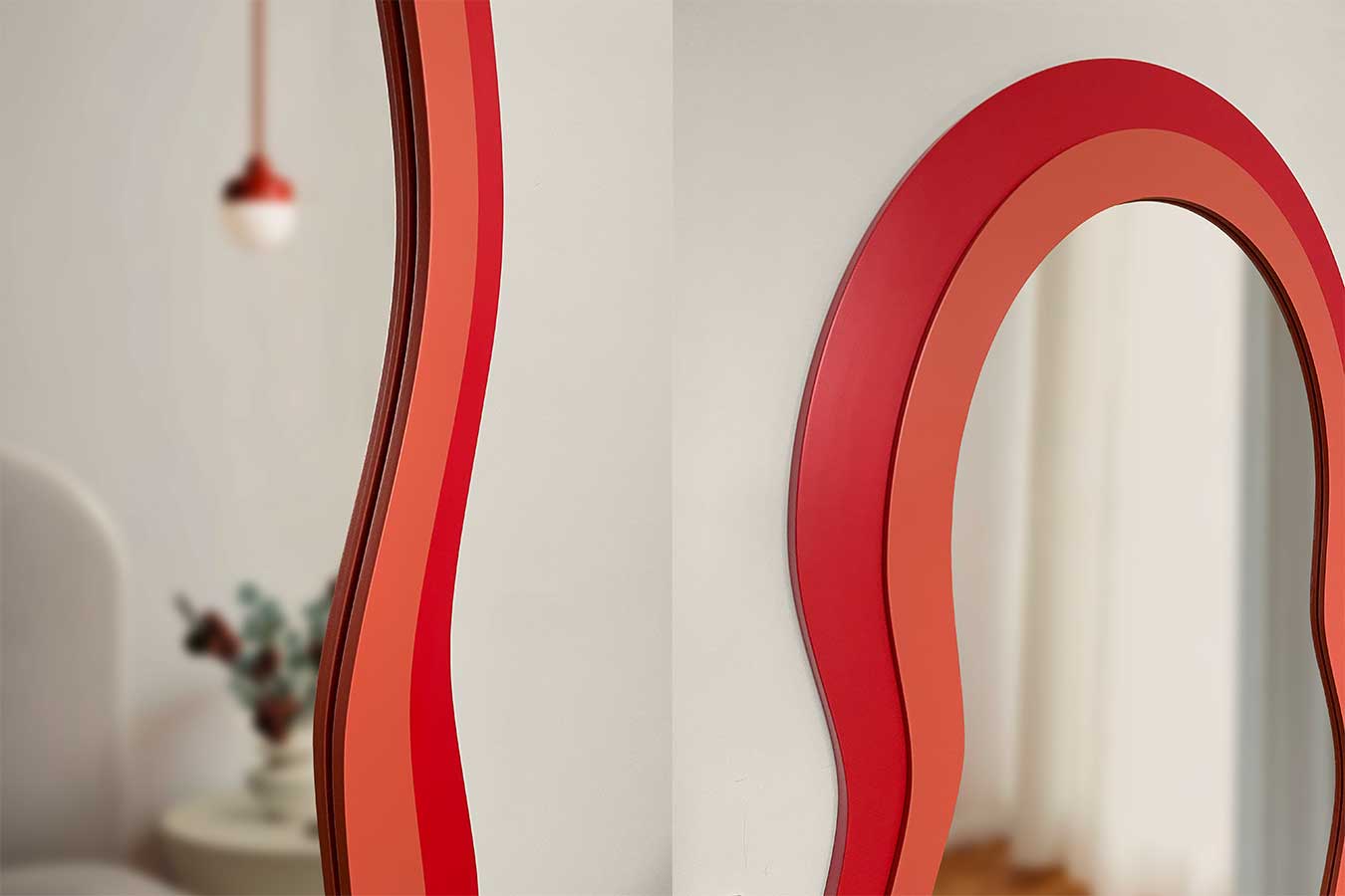 Zbliżena na detale lustra Pulso Duo dwukolorowe czerwone. GieraDesign