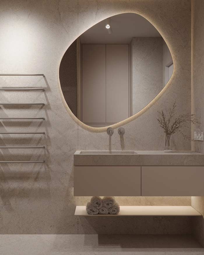 Lustro Plama no.4 w salonie w stylu japandi, GieraDesign