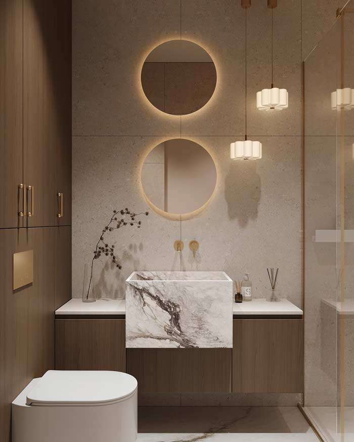 Dwa okrągłe lustra LED z podświetleniem w łazience w stylu quiet luxury