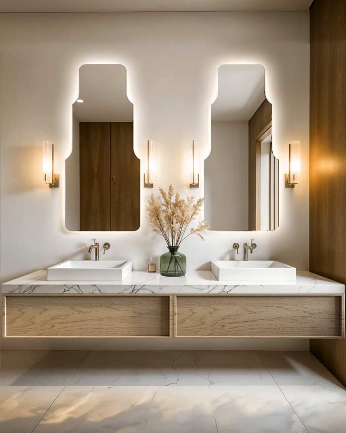 Łazienka w stylu modern classic z dwoma lustrami LED nad podwójną umywalką