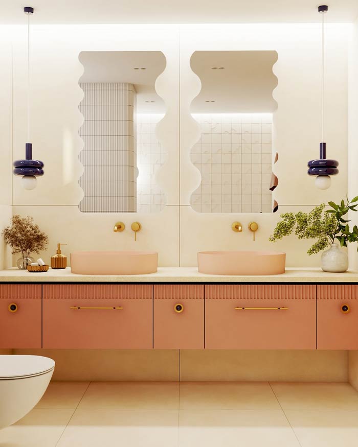 Dekoracyjne lustra LED o falowanych krawędziach w łazience w stylu contemporary retro