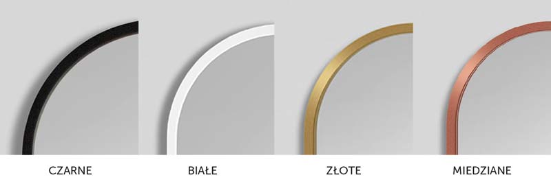 Dostępnekolory ram w lustrach Ambient: czarne, białe, złote i miedziane