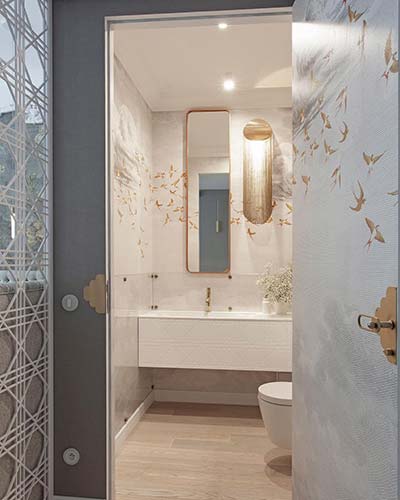 lustro Billet w złootej ramie w pięknej łazience z tapetą wg. projektu @kreacjaprzestrzeni