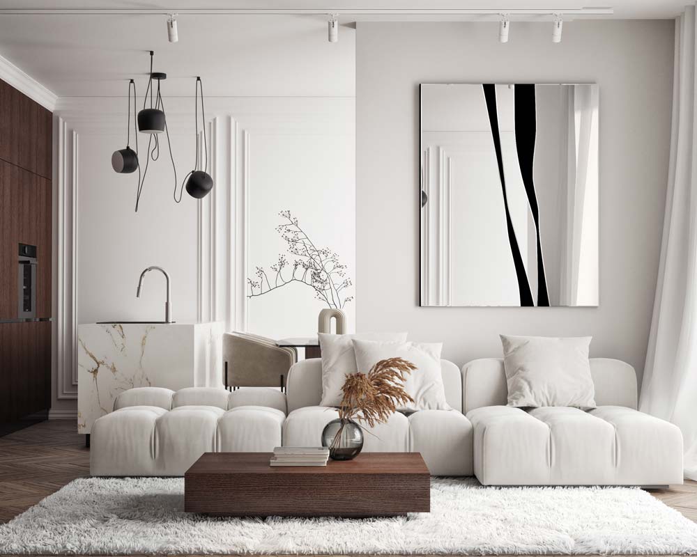 Duże dekoracyjne lustro Smuga zawieszone nad kanapą w nowoczesnym salonie