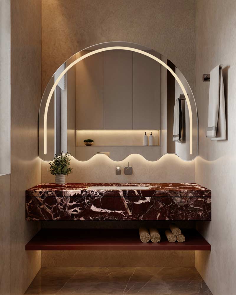 Półokrągłe lustro z oświetleniem do maikażu "Lomi" w łazience. GieraDesign