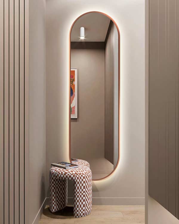 Owalne lustro podświetlane Ambient w przedpokoju. GieraDesign